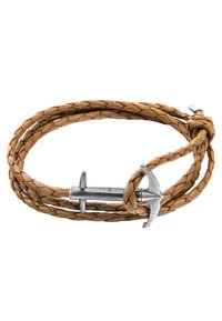 Brown braided leather bracelet with a silver-toned anchor clasp, featuring intricate weaving and a textured finish.