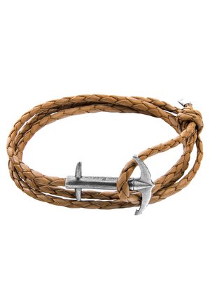 Brown braided leather bracelet with a silver-toned anchor clasp, featuring intricate weaving and a textured finish.