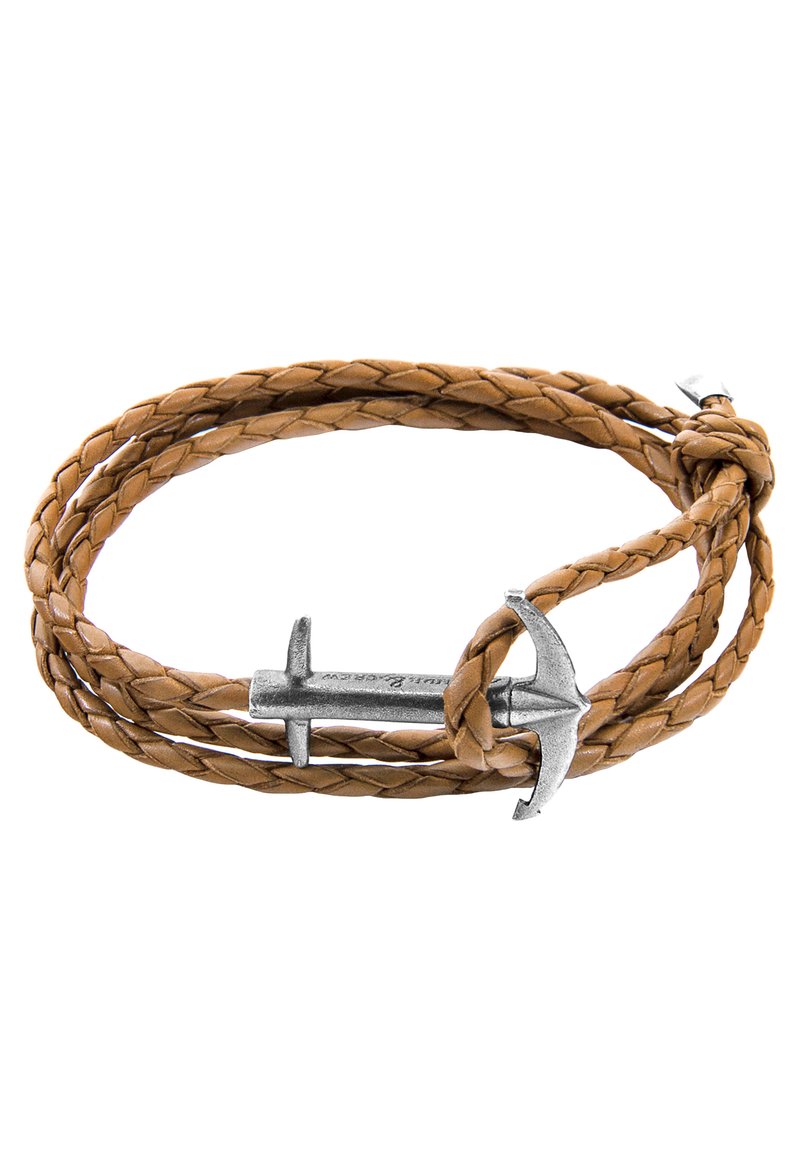 Brown braided leather bracelet with a silver-toned anchor clasp, featuring intricate weaving and a textured finish.