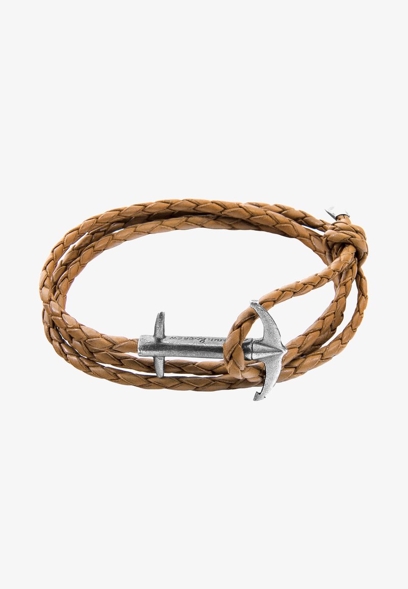 Brown braided leather bracelet with a silver-toned anchor clasp, featuring intricate weaving and a textured finish.