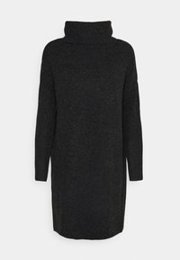 Kolgrå stickad klänning med hög krage, långa ärmar och avslappnad passform. Texturen verkar mjuk och något fluffig, vilket gör den lämplig för lager-på-lager.