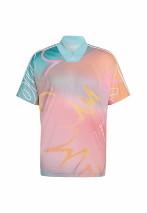Short-sleeve sports jersey with pastel gradient colors and abstract lightning bolt and swirl patterns, featuring a light blue collar.