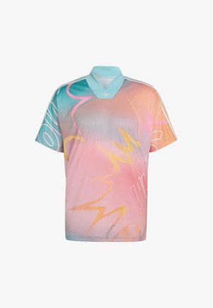 Short-sleeve sports jersey with pastel gradient colors and abstract lightning bolt and swirl patterns, featuring a light blue collar.