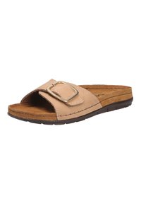 Tan flip-flop sandal med öppen tå, en bred rem med ett guldspänne, mjuk vadderad innersula, och en texturerad gummisula.
