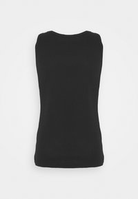 Sort ærmeløs top lavet af glat, strækbart stof. Har en rund halsudskæring og en tætsiddende pasform. Ingen synlige mønstre eller udsmykninger.