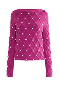 Lyserød strikket sweater med en diamantskabelon, dekoreret med påsyede perler, lange ærmer og rund halsudskæring. Struktureret finish, tætsiddende form.