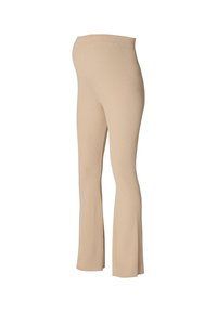 Beige gerippte Schlagleggings mit einem weichen, dehnbaren Bund, entworfen für Komfort und eine figurbetonte Silhouette entlang der Beine.