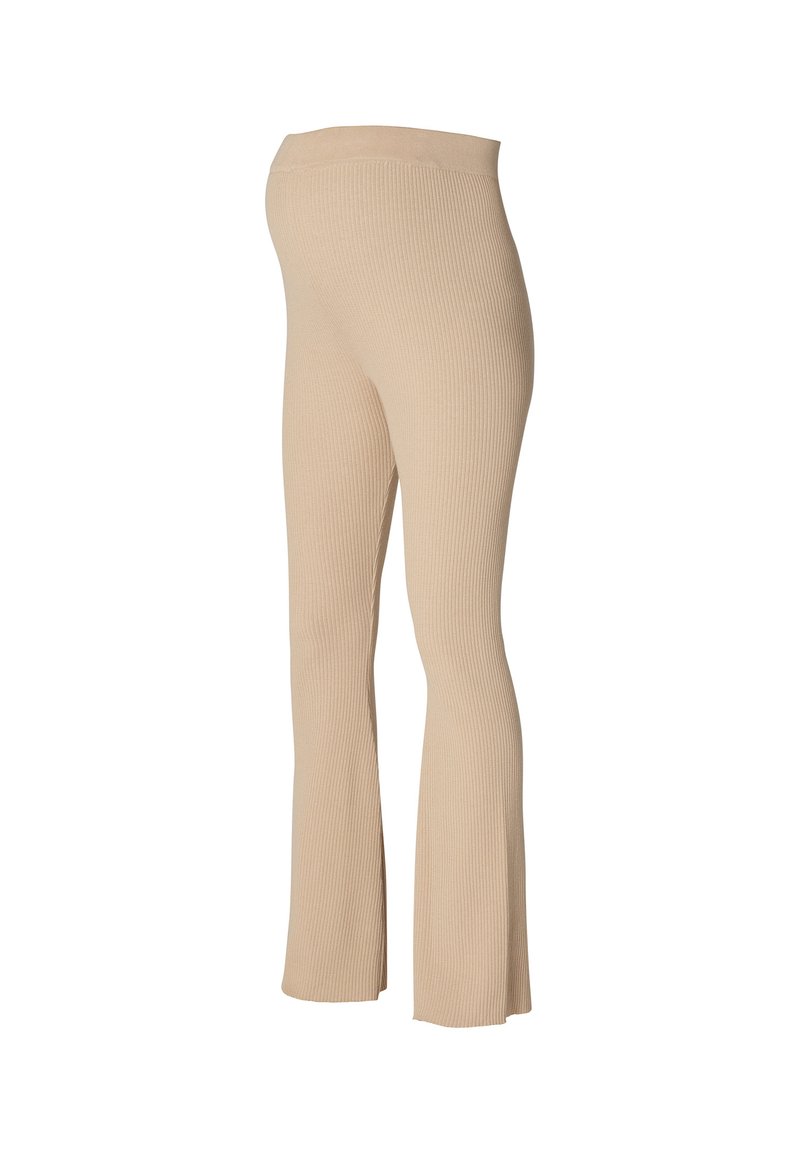 Beige gerippte Schlagleggings mit einem weichen, dehnbaren Bund, entworfen für Komfort und eine figurbetonte Silhouette entlang der Beine.