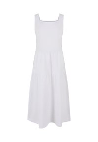 Vestido blanco sin mangas con escote cuadrado, diseño en capas y dobladillo a la altura de la rodilla, hecho de una tela suave y ligera.