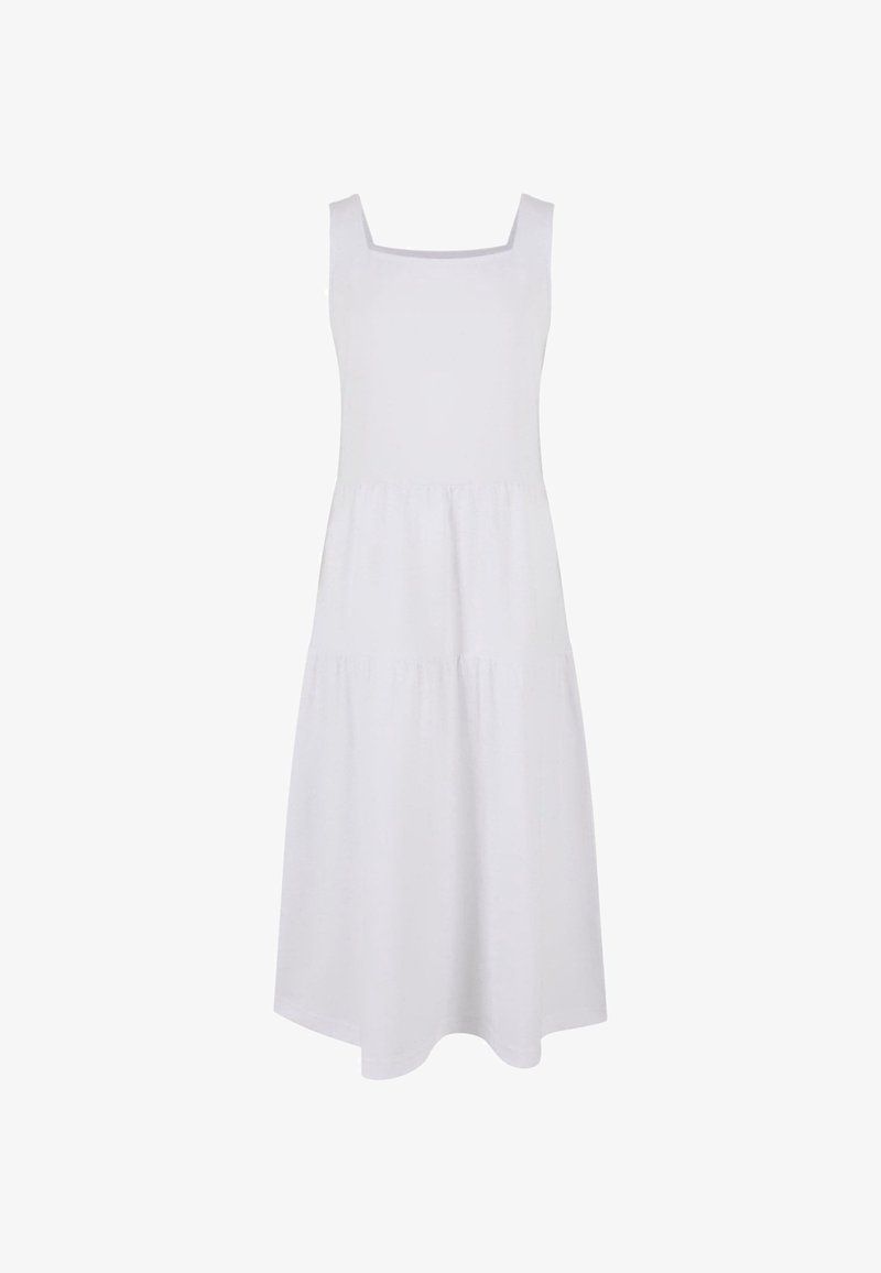 Valkoinen hihaton mekko, jossa on neliön muotoinen pääntie, kerroksellinen muotoilu ja polvipituinen helma, valmistettu sileästä, kevyestä kankaasta.