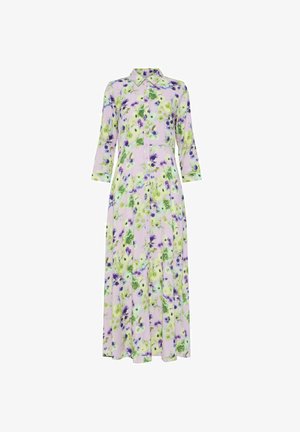 Kvetinové maxi šaty s levanduľovým podkladom a zelenými a fialovými kvetmi, dlhými rukávmi, golierom a predným zapínaním na gombíky.