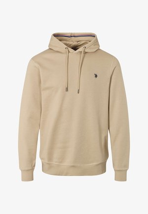 Beige hooded sweatshirt made of soft fabric, featuring a kangaroo pocket, drawstring at the hood, and a small logo on the chest.