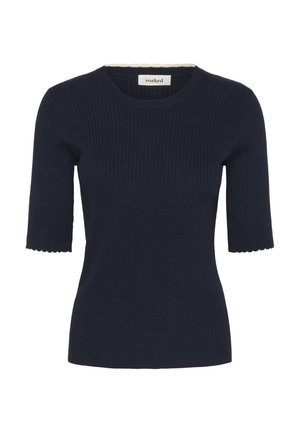 Top tricot navy cu dungi, mâneci scurte, decolteu rotund și accente ondulate la marginile mânecilor. Confecționat dintr-un material moale și elastic.