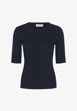 Tumesinine soonikust kootud topp lühikeste varrukatega, ümar kaelus ja lainelised äärised varrukate all. Valmistatud pehmest ja venivast materjalist.