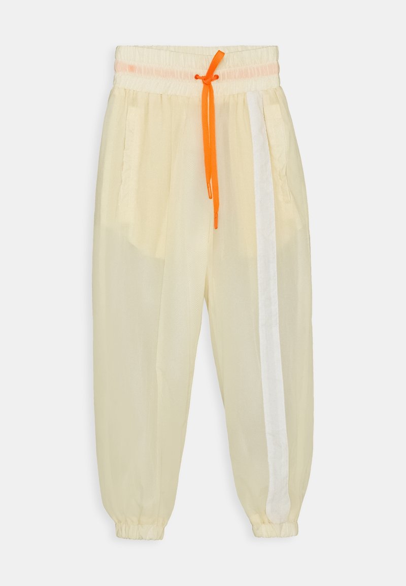 Helle gelbe Jogginghose mit elastischem Bund, orangefarbenem Kordelzug, weißen Seitenstreifen und gerafften Bündchen. Glattes, leichtes Material.