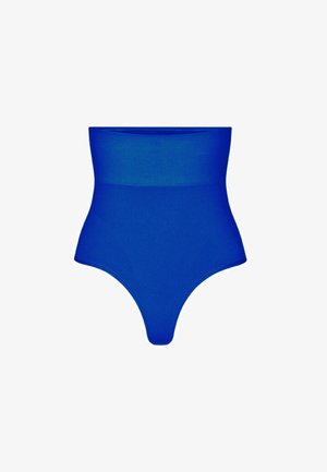 Perizoma modellante blu a vita alta con una larga fascia in vita progettata per il controllo della pancia e una silhouette liscia.