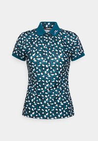 Krátký rukáv polo tričko v tmavě tyrkysové barvě s leopardím vzorem v bílé a světle modré. Má límec a přední zapínání na knoflíky.