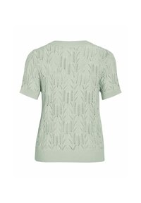 Un haut en tricot court à manches courtes de couleur vert clair, arborant un motif texturé avec des motifs de feuilles, terminé par un ourlet et des poignets côtelés. Vue arrière présentée.