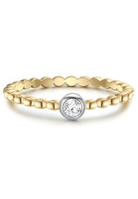 Gold band ring with a beaded design, featuring a round, clear diamond set in a silver bezel at the center.