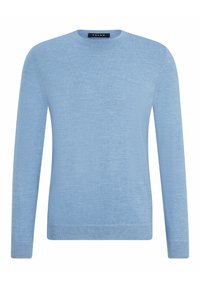 Pull bleu clair à col rond en maille douce avec des manches longues et des bords côtelés. Design minimaliste sans motifs visibles.
