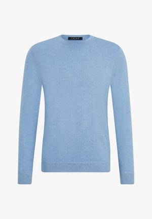 Light blue crew-neck sweater in soft knit material with long sleeves and ribbed cuffs and hem. Minimalist design with no visible patterns.