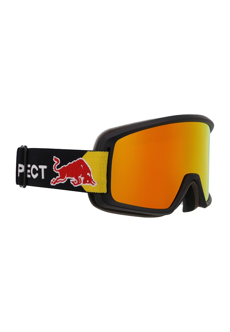 Skibrille mit schwarzem Rahmen, orange verspiegeltem Glas und einem schwarzen Riemen mit gelben und roten Akzenten. Weiches Innenfutter für Komfort.