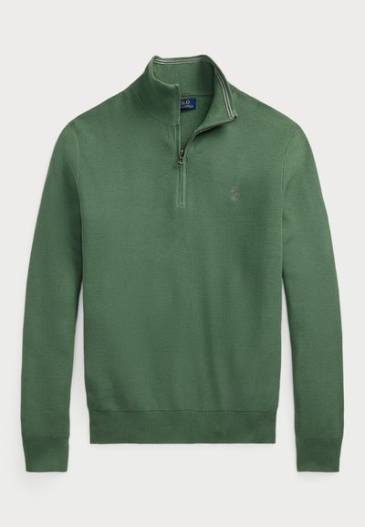 Green, zip-neck pullover sweater made of textured knit fabric. Features ribbed cuffs and hem, with subtle logo accent on the chest.