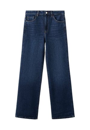Dark blue straight-leg denim jeans with front and back pockets, a button closure, and belt loops.