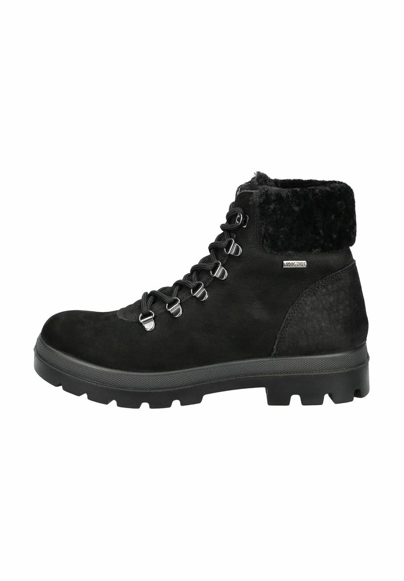 Bota de senderismo negra con parte superior texturizada, cuello forrado de pelo, diseño de cordones resistente y suela de goma robusta para tracción.