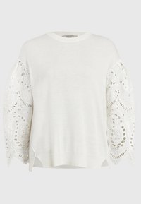 Biała, długozasłonięta sweter z koronkowym haftem kwiatowym na bufiastych rękawach oraz prążkowanym okrągłym dekoltem i dołem.