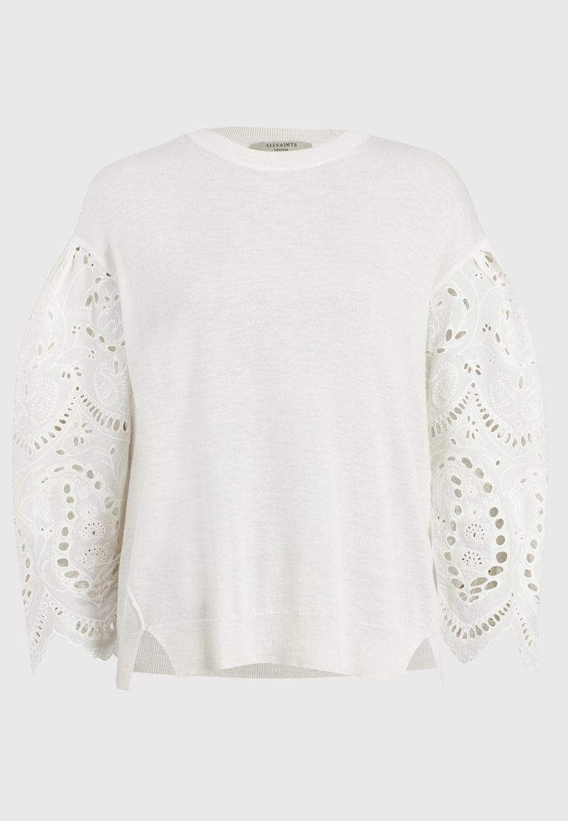 Biała, długozasłonięta sweter z koronkowym haftem kwiatowym na bufiastych rękawach oraz prążkowanym okrągłym dekoltem i dołem.