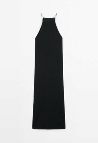 Robe longue noire côtelée sans manches avec fines bretelles spaghetti et col montant, posée à plat sur un fond blanc.