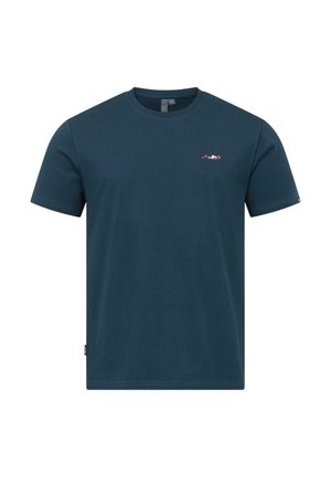 Dunkelblaues T-Shirt mit kurzen Ärmeln und Rundhalsausschnitt, mit kleinem roten und weißen Rennwagen-Logo auf der linken Brust.