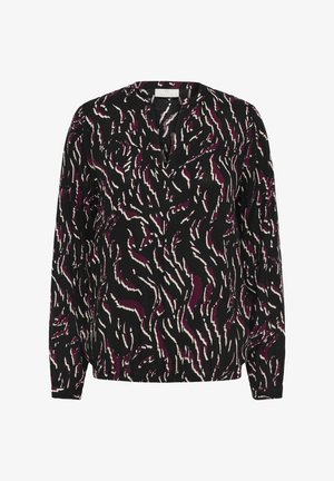 Schwarze Bluse mit langen Ärmeln aus strukturiertem Stoff, mit einem wirbelnden Muster in Weiß und tiefem Burgunderrot sowie einem V-Ausschnitt.