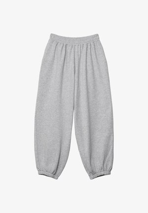 Szare dresy wykonane z miękkiej tkaniny, z elastycznym paskiem w talii i zwężanymi mankietami, zapewniające swobodny krój. Bez kieszeni zewnętrznych.