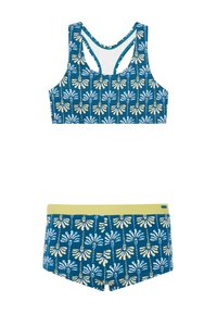 Svømmesæt med et blått blomstermønster, crop top og matchende shorts, prydet med en lysegrøn talje. Lavet af strækbart, blødt stof.