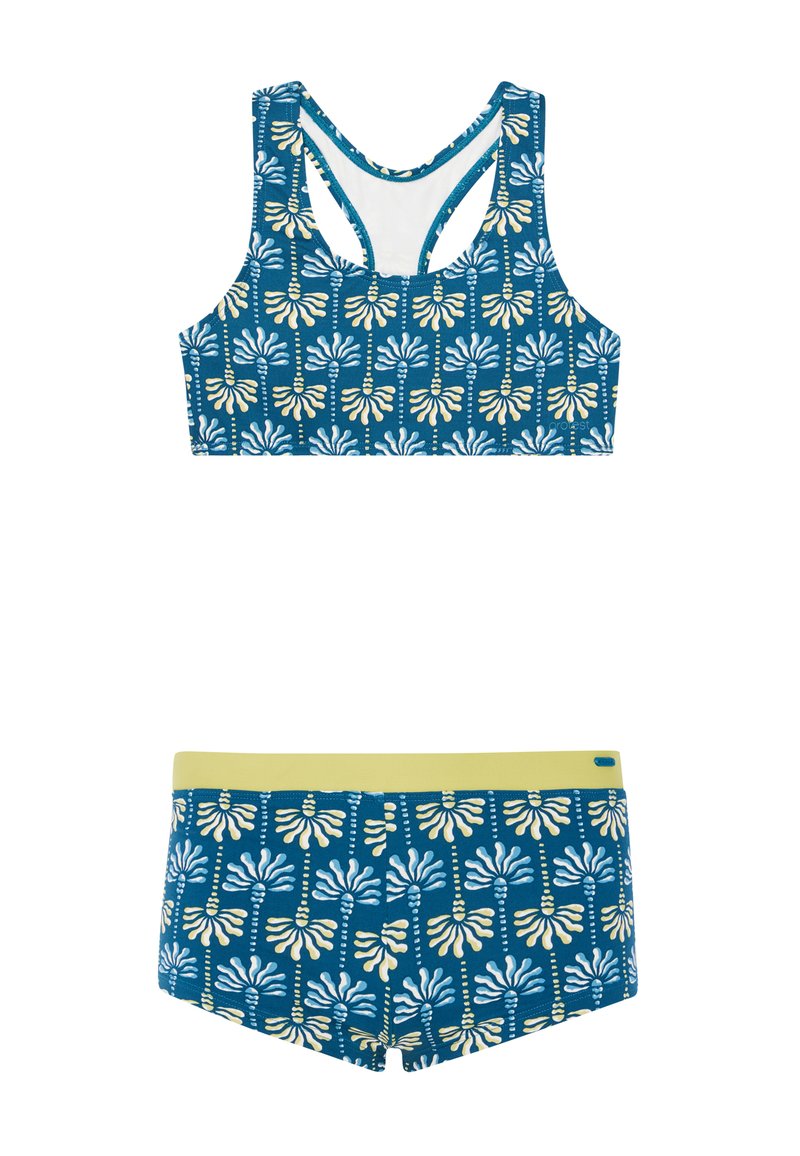 Svømmesæt med et blått blomstermønster, crop top og matchende shorts, prydet med en lysegrøn talje. Lavet af strækbart, blødt stof.