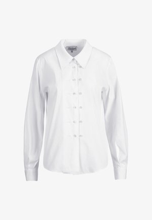 Weißes, langärmliges Hemd mit durchgehender Knopfleiste und spitzem Kragen, aus glattem Stoff gefertigt, mit sechs vorderen Knöpfen und abgerundetem Saum.