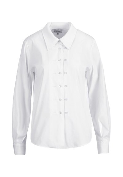 White long-sleeve button-up shirt with a pointed collar, featuring a smooth fabric, six front buttons, and a rounded hem.