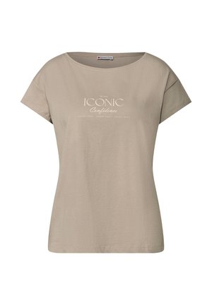 Beige short-sleeve T-shirt made of soft fabric. Features a round neckline and center graphic text "ICONIC Confidence" in light print.
