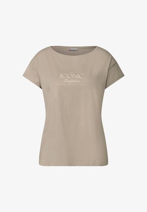 Beige short-sleeve T-shirt made of soft fabric. Features a round neckline and center graphic text "ICONIC Confidence" in light print.