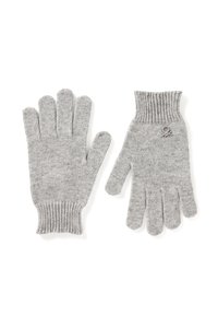 Šedé pletené rukavice s žebrovanými man žetami, mají pět prstů a malou logo akcentaci na jednom z nich. Měkká textura s jemným vzorem.