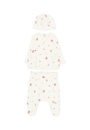 Completo bianco per neonati con stampa floreale rosa, composto da un top a fascia maniche lunghe, pantaloni con piedini e un cappellino abbinato.