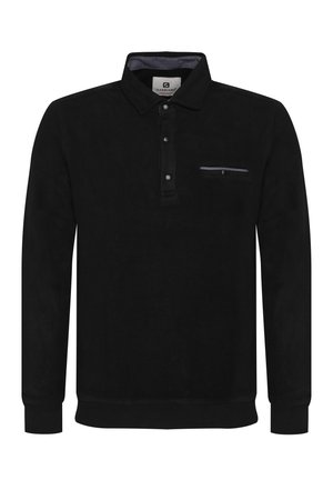Schwarzes Langarm-Polo-Shirt aus weichem Stoff, mit einem Drei-Knopf-Verschluss, einer Brusttasche mit einem kontrastierenden Streifen und gerippten Bündchen.