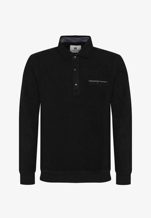 Black long-sleeve polo shirt made of soft fabric, featuring a three-button placket, a chest pocket with a contrasting stripe, and ribbed cuffs.