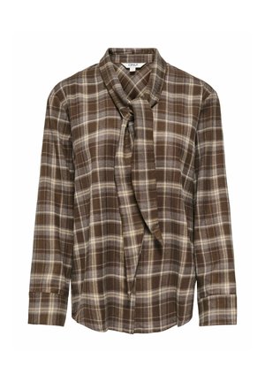 Bruin en beige geruite blouse met lange mouwen, een gestrikte nekgedeelte en knoopmanchetten, merklabele "ONLY" zichtbaar aan de binnenkant van de kraag.