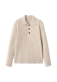 Beżowy sweter z kołnierzem, trzema czarnymi guzikami przy szyi, ściągaczami na mankietach i dole, wykonany z miękkiej, teksturowanej tkaniny.