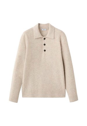 Beżowy sweter z kołnierzem, trzema czarnymi guzikami przy szyi, ściągaczami na mankietach i dole, wykonany z miękkiej, teksturowanej tkaniny.