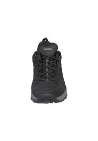 Black hiking shoe with a textured leather upper, prominent lacing system, and a rugged rubber sole. Features a logo on the tongue.