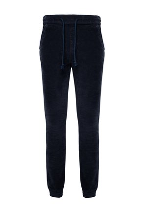 Pantalons de survêtement en velours côtelé marine avec taille élastique et cordon de serrage ajustable, dotés de poches latérales et de poignets côtelés.